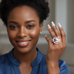 Bague personnalisée de luxe en saphir bleu et diamants en grappe, en or rose avec un design floral élégant pour mariage et anniversaire - Product Image 3