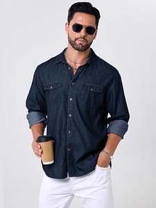 Chemise boutonnée en coton bleu foncé pour hommes, manches longues, couleur unie, coupe régulière avec poches, haut décontracté toutes saisons - Product Image 5