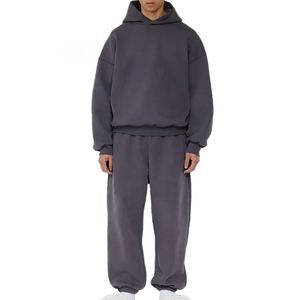 Ensemble de survêtement gris à capuche pour homme, 100 % coton, coupe ample, couleur unie, manches longues, taille élastique, idéal pour l'automne - Product Image 1