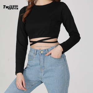 Women Slim Fit Breathable O Neck Crop <b>Tops</b> Tummy <b>Cross</b> Long Sleeve Quick Dry Eco-Friendly Spandex/Cotton Sport Tank <b>Top</b> for Yoga - Product Image 2