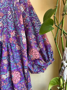 เดรสยาวผ้าฝ้ายพิมพ์ลายด้วยมือ 100% สำหรับผู้หญิง คอกลม แขนยาว ลายดอกไม้ สไตล์อินเดีย ชุดลำลองสำหรับฤดูร้อน - Product Image 6