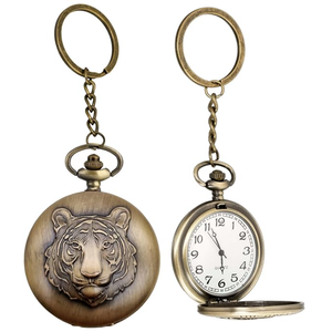 Porte-clés montre de poche vintage en métal motif tigre, pendentif horloge à quartz rond gravé animal avec anneau porte-clés pour cadeaux - Product Image 2