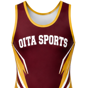 Combinaison de lutte sublimée bordeaux et or pour hommes, tenue de sport athlétique en polyester, vêtements d'entraînement et de match, équipement d'équipe - Product Image 4