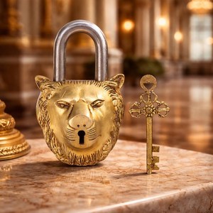 รูปปั้นสิงโตทองเหลืองชุบทองคำ งานฝีมือประดับประตูสำหรับตกแต่งบ้าน - Product Image 4