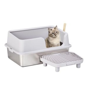 Caja de arena para gatos extra grande de acero inoxidable con lados altos para gatos grandes, práctico filtro de pedal y tapa - Product Image 1