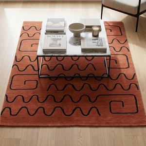 Tapis d'intérieur unique en laine nouée à la main, marron terre cuite, motif abstrait à lignes ondulées, tapis décoratif moderne fait main pour salon - Product Image 5
