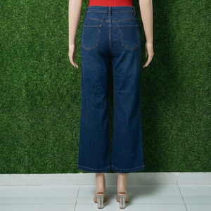 Plus Women's Mid Waist Dark Blue Wide Leg Denim Pants Summer Distressed Ankle-Length Loose Fit Casual Style Pockets <b>Button</b> <b>Fly</b> - Product Image 6