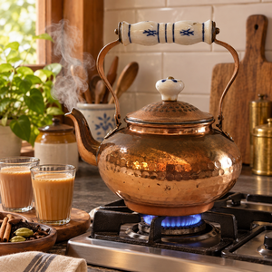 Bouilloire à thé artisanale en cuivre martelé avec poignée en porcelaine bleue peinte, style rétro, pour faire bouillir l'eau, ustensile de thé de designer, vente en gros du fabricant - Product Image 3
