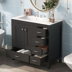 Mobile Bagno Nero da 36 Pollici con Ampio Spazio di Archiviazione, 2 Ante con Chiusura Ammortizzata e 5 Cassetti, con Lavabo in Ceramica Integrato - Product Image 2