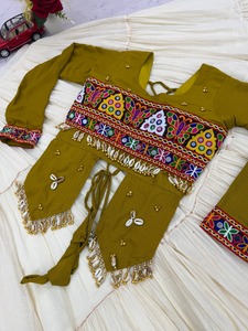 Traditional Indian Cotton <b>Lehenga</b> Set With Embroidered <b>Red</b> Crop Top And Cream Floor-Length Skirt For Women <b>Wedding</b> Wear - Product Image 6