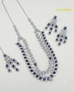 Double Layered Radiant Cut Stone Stuuded <b>Fashion</b> <b>Necklace</b> Set With Matching Earring Mang Tika Silver Plated Jewelry Set Supplier - Product Image 1