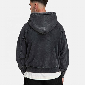 Sweat à capuche zippé noir pour homme 100 % coton, coupe oversize, décontracté, pour l'automne, couleur unie délavée à l'acide - Product Image 3