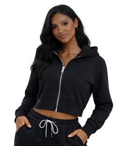 Sudadera corta con capucha y cremallera para mujer, de algodón negro, forro polar, manga larga, informal, estilo urbano, ropa de invierno para mujer y chica, a la moda - Product Image 1