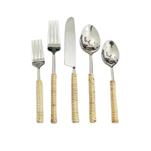 Juego de cubiertos con espejo de Metal pulido de grado alimenticio con mango de ratán, utensilios de comedor elegantes para servir de mesa de boda - Product Image 1
