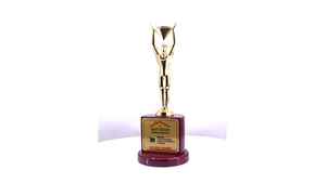 Trofeo con figura humana sosteniendo un símbolo geométrico con acabado dorado y base de madera para reconocimiento de excelencia - Product Image 3