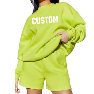 Ropa al por Mayor de Calidad Profesional, Conjunto Casual de 2 Piezas para Mujer, Sudadera con Cuello Redondo y Pantalones Cortos con Logotipo Bordado y Lazos - Product Image 1