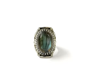 Oval Blue Flash Labradorite <b>925</b> <b>Silver</b> <b>Ring</b> - Handcrafted Vintage Filigree Design Border Wide Statement Jewelry - Product Image 2