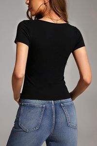 Top corto de punto de manga corta con cuello cuadrado para mujer, blusa informal de color liso, ajuste elástico, para todas las estaciones - Product Image 4