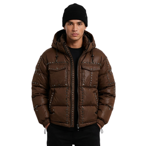 Chaqueta Acolchada de Cuero PU Duradero con Cuello Alto, Color Marrón Castaño, Bolsillos Tipo Cargo con Solapa, Chaqueta Cálida de Piel Sintética Resistente - Product Image 1
