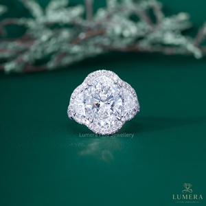 Anillo de compromiso con diamante ovalado, diamantes laterales con corte media luna, halo brillante pavé, diseño de doble tallo dividido, anillo nupcial - Product Image 2