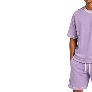 Ensemble T-shirt et short oversize pour homme Lilac avec passepoil contrastant beige, logo personnalisé, col rond, style streetwear décontracté, fabricant en gros - Product Image 3