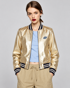 Blouson bomber doré métallisé pour femme, manches longues, fermeture éclair sur le devant, broderie du logo, col rabattu, style décontracté d'automne - Product Image 5