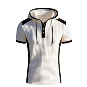 Men's <b>Waffle</b> Knit Hooded T-Shirt Geometric Pattern Color <b>Block</b> Short Sleeve Casual Sports Top Custom Logo Front 340g Polyester - Product Image 3