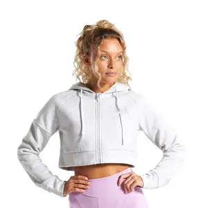 Delle donne completa chiusura lampo del manicotto di lunghezza della stringa di cotone più spessa del panno morbido 300 grammo crop felpa con cappuccio moda di strada di active wear abbigliamento sportivo felpa con cappuccio