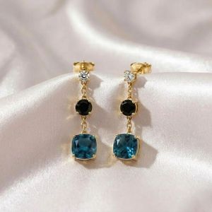 Natural London Blue Topaz Cushion Cut & Black Obsidian Drop <b>Earrings</b> CZ Accent Gemstone Dangle <b>Fine</b> Stud <b>Earrings</b> Jewelry - Product Image 1