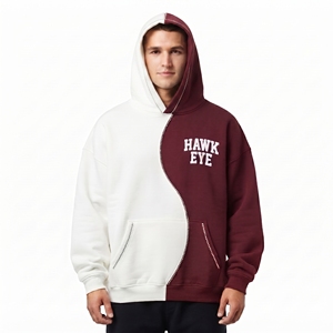 Sudadera con Capucha Bicolor para Hombre, Bloques de Color, Algodón y Forro Polar, Oversize, Casual, Blanco y Granate, Ajuste Relajado, Hombros Caídos - Product Image 6