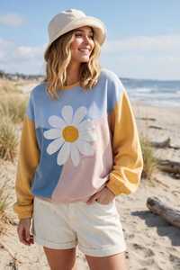 <b>Women's</b> Color Block Crewneck Sweatshirt Long Sleeve Floral Applique Pullover - Product Image 5