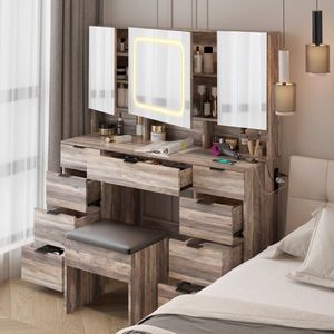 "Large <b>Dressing</b> Vanity Table with 3 Mirrors LED Lights & Full Storage Behind Mirror" - Product Image 4