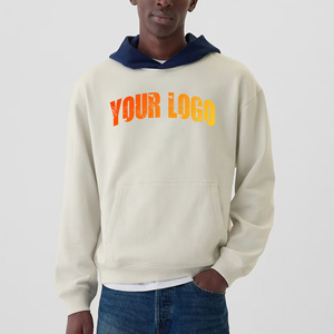 Sweat-shirt à capuche crème pour homme avec logo orange sur la poche avant, style décontracté pour l'automne, 100% coton French Terry, coupe classique, en vente - Product Image 1