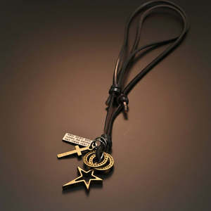 Stainless Steel Star Cross Pendant 1.5-Inch with Adjustable Leather Rope for Men and Boys - Product Image 4
