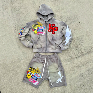 <b>Mens</b> Custom Two Piece Terry Sun Faded Wash Cotton Applique Embroidery <b>Patch</b> Track <b>Short</b> Set Zip Up Hoodie Autumn Outfit - Product Image 4