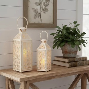 White Square Metal <b>Lantern</b> <b>Set</b> 2 Piece Decorative Candle Holder with Intricate Cutout Design for Home Decoration - Product Image 3