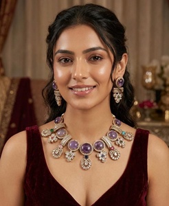 Purple Amethyst Polki <b>Diamond</b> Gold Plated Trendy Imitation <b>Pearl</b> Necklace <b>Earring</b> Set Designer Ethnic Sabyasachi Wedding - Product Image 1