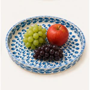 Plateau rond artisanal en nacre incrustée, mosaïque laquée, motif feuille bleue, plateau de service décoratif pour table basse - Product Image 2