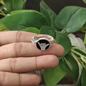 Brass Hand Gesture Signet <b>Ring</b> One Micron Plated Black Enamel 18k Silver Plated Traditional Fancy Women's <b>Adjustable</b> Statement - Product Image 4