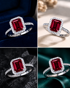 Bague en argent 925 plaqué or 14 carats avec grenat et halo de diamants de laboratoire taille émeraude, bijoux pour femme pour mariage ou cadeau de fête - Product Image 5