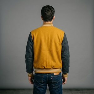 Mens Mustard Wool Letterman <b>Jacket</b> Charcoal Sleeves Custom Logo Rib Knit Collar Cuffs Snap Front Luxury Streetwear Outerwear Top - Product Image 2