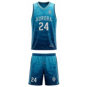 Ensemble de maillot de basket Aurora, col en V, sans manches, sublimé, respirant, coupe athlétique, pour adulte, unisexe, bleu 24 - Product Image 1