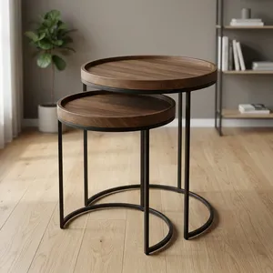 Modern Nested Wood <b>Side</b> <b>Tables</b> Minimalist Design Black Metal Frame Living Room Furniture Wooden Iron Nesting <b>Set</b> - Product Image 4