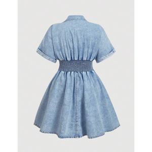 Vintage Wash Smocked Waist Denim Mini Dress This dress features a deep V neckline with a notched collar and a full length button - Product Image 2