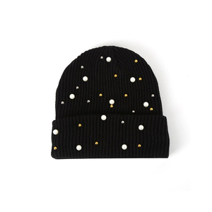 Customize Trendy Pearl Beaded Black Ribbed Knit 100% Acrylic Beanie <b>Cap</b> Stylish Cold Weather <b>Skull</b> Hat <b>Men</b> Elegant Winter - Product Image 1