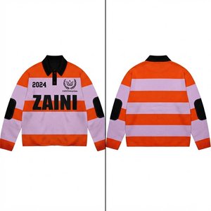 เสื้อรักบี้พรีเมียม ผ้าฝ้าย 100% 180 GSM สีส้มลายทางลาเวนเดอร์ แต่งแถบผ้าลายทาง  ปักโลโก้ด้านหน้าตามแบบที่กำหนด แขนยาว - Product Image 1