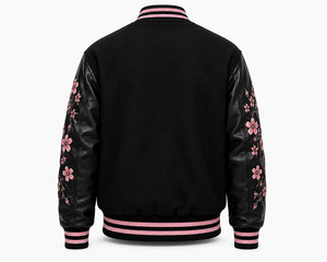Chaqueta Bomber Japonesa Personalizada para Hombre, Negra, 100% Lana, Bordado de Dragón y Flor de Cerezo, Cuello Redondo, Capucha, Mangas de Cuero, Talla XL - Product Image 2