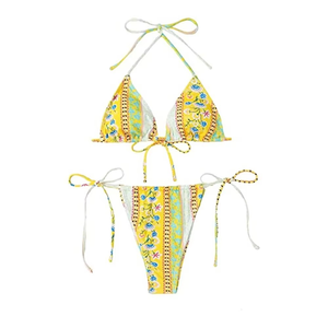 Women Fashion Bikini Set Green Floral Print Triangle Top and Low Rise Tie Side Bottom Beachwear Supplier - Product Image 1