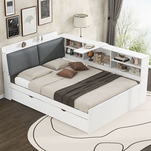 Letto a piattaforma matrimoniale in legno bianco con letto estraibile e testiera contenitore con pratiche mensole - Product Image 4