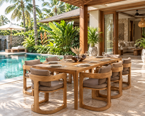 Juego de Comedor Minimalista de Madera de Teca para Jardín, Resistente a la Intemperie, con Mesa, Cojines y Sillas para 4 Personas, para Patio, Terraza o Restaurante - Product Image 1